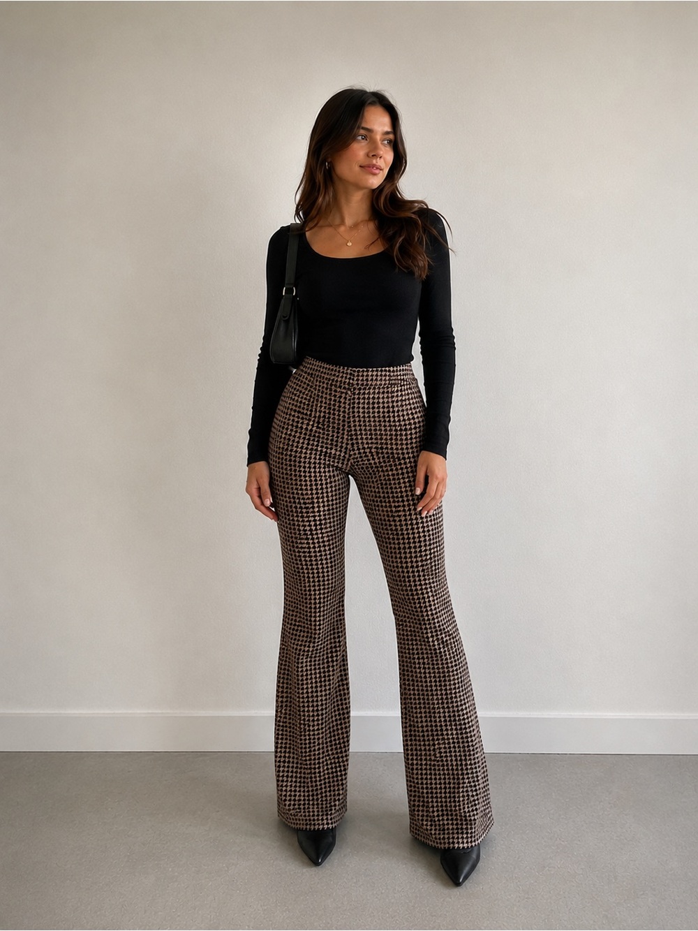 Blue Rain by Francesca’s Houndstooth Flare Pants Stretch Knit Boho Chic Retro M